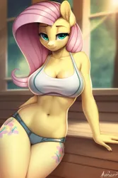 Size: 512x768 | Tagged: suggestive, derpibooru import, machine learning generated, fluttershy, anthro, pegasus, belly button, big breasts, bikini, breasts, busty fluttershy, cleavage, clothes, female, image, looking at you, png, solo, solo female, swimsuit, wingless, wingless anthro