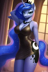 Size: 512x768 | Tagged: suggestive, derpibooru import, machine learning generated, princess luna, alicorn, anthro, arm behind head, big breasts, black dress, breasts, busty princess luna, cleavage, clothes, cutie mark, cutie mark on clothes, dress, hand behind back, image, jewelry, little black dress, looking at you, png, regalia, solo, wingless, wingless alicorn, wingless anthro