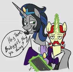 Size: 1186x1171 | Tagged: safe, artist:razzyx09, derpibooru import, flam, king sombra, pony, unicorn, crack shipping, duo, flambra, flirting, gay, glow, glowing horn, good king sombra, horn, image, jpeg, male, shipping