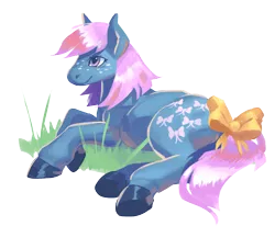 Size: 1200x987 | Tagged: safe, artist:futuredustfuturerust, derpibooru import, bowtie (g1), earth pony, pony, bow, female, grass, image, lying down, mare, png, simple background, solo, tail, tail bow, transparent background, underhoof