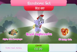 Size: 1268x857 | Tagged: safe, derpibooru import, official, iron eagle, pegasus, pony, armor, bundle, bush, costs real money, english, female, gameloft, helmet, image, jpeg, mare, mobile game, my little pony: magic princess, numbers, royal legion, sale, sarcophagus, shovel, solo, solo focus, spread wings, statue, text, wings