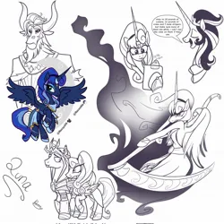 Size: 2048x2048 | Tagged: safe, artist:razzyx09, derpibooru import, king sombra, lord tirek, princess cadance, princess luna, shining armor, alicorn, pony, unicorn, duo, female, good king sombra, image, jpeg, mirror universe, scythe, simple background, white background