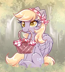 Size: 3073x3403 | Tagged: safe, artist:confetticakez, derpibooru import, derpy hooves, pegasus, pony, alternate hairstyle, bandana, basket, blushing, cute, derpabetes, female, food, grass, image, mare, mouth hold, muffin, picnic, picnic basket, picnic blanket, png, sitting, solo, tree