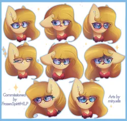 Size: 2100x2000 | Tagged: safe, artist:miryelis, derpibooru import, pony, angry, big ears, blushing, bow, commission, crying, emoji, expressions, glasses, image, long hair, piercing, png, shy, simple background, smiling, solo, sparkles, text, white background