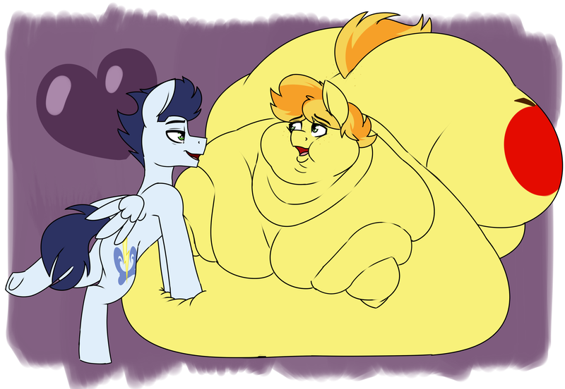 Size: 2900x2000 | Tagged: questionable, artist:coatieyay, derpibooru import, braeburn, soarin', earth pony, pegasus, pony, belly, belly bed, big belly, bingo wings, blob, braeblob, braebutt, butt, chubby cheeks, double chin, fat, gay, huge belly, huge butt, image, immobile, impossibly large belly, impossibly large butt, large butt, looking at each other, looking at someone, male, morbidly obese, neck roll, obese, open mouth, open smile, png, rolls of fat, shipping, smiling, soarburn, triple chin