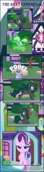 Size: 1489x5777 | Tagged: safe, artist:shootingstarsentry, derpibooru import, starlight glimmer, oc, oc:nightshade (digimonlover101), oc:photogenic, cat, changepony, hybrid, pony, comic:the next generation, comic, image, interspecies offspring, magic, offspring, parent:hoity toity, parent:king sombra, parent:photo finish, parent:queen chrysalis, parents:chrysombra, parents:photoity, png, transformation
