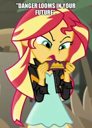 Size: 500x690 | Tagged: safe, derpibooru import, edit, edited screencap, screencap, sunset shimmer, equestria girls, movie magic, spoiler:eqg specials, caption, image, image macro, jackie chan adventures, png, solo, text