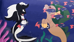 Size: 1920x1080 | Tagged: safe, artist:euspuche, derpibooru import, oc, oc:seaweed blitz, oc:zenawa skunkpony, unofficial characters only, fish, hybrid, pony, seapony (g4), skunk, skunk pony, animated, bubble, clothes, dating, dorsal fin, eating, fins, fish tail, flowing mane, flowing tail, food, gay, image, licking, licking lips, looking at each other, looking at someone, male, meat, ocean, open mouth, open smile, ponies eating meat, ponies eating seafood, seafood, seaponified, seaquestria, smiling, smiling at each other, species swap, stallion, swallowing, swimming, tail, teeth, tongue out, underwater, underwear, water, webm