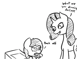 Size: 456x352 | Tagged: safe, artist:happy harvey, edit, rarity, oc, oc:anonfilly, earth pony, pony, unicorn, annoyed, black and white, cropped, dialogue, drawing, female, filly, grayscale, image, lidded eyes, looking at each other, monochrome, png, simple background, smiling, white background