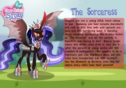 Size: 1280x893 | Tagged: safe, artist:aleximusprime, derpibooru import, cozy glow, oc, oc:the sorceress, unofficial characters only, alicorn, pony, flurry heart's story, alicorn oc, armor, bat wings, bio, crown, evil, fangs, female, horn, image, jewelry, jpeg, mare, nightmare cozy glow, nightmarified, oc villain, open mouth, red eyes, red horn, regalia, smiling, solo, spread wings, story included, wings