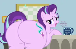 Size: 4658x3003 | Tagged: suggestive, artist:duskyzombie, derpibooru import, starlight glimmer, pony, unicorn, absurd resolution, bedroom eyes, bottom heavy, butt, cute, dialogue, female, glimmer glutes, glimmerbetes, image, large butt, lidded eyes, looking back, mare, open mouth, plot, plump, png, presenting, smiling, solo, starlight's office, the ass was fat, thick, thighs, thunder thighs, vector, wide hips