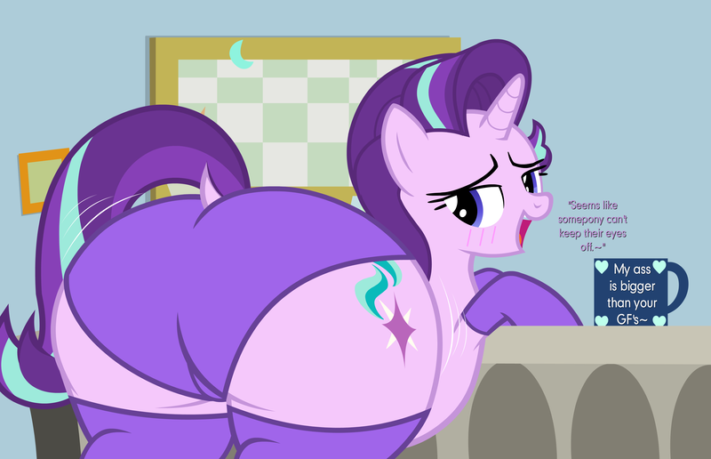 Size: 4658x3003 | Tagged: suggestive, alternate version, artist:duskyzombie, derpibooru import, starlight glimmer, pony, unicorn, absurd resolution, bedroom eyes, bottom heavy, butt, clothes, cute, dialogue, female, glimmer glutes, glimmerbetes, image, large butt, lidded eyes, looking back, mare, open mouth, plot, plump, png, presenting, smiling, socks, solo, starlight's office, the ass was fat, thick, thighs, thunder thighs, underwear, vector, wide hips