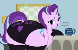 Size: 4658x3003 | Tagged: suggestive, alternate version, artist:duskyzombie, derpibooru import, starlight glimmer, pony, unicorn, absurd resolution, bedroom eyes, bottom heavy, butt, clothes, cute, dialogue, female, glimmer glutes, glimmerbetes, image, large butt, lidded eyes, looking back, mare, open mouth, plot, plump, png, presenting, smiling, socks, solo, starlight's office, the ass was fat, thick, thighs, thunder thighs, underwear, vector, wide hips