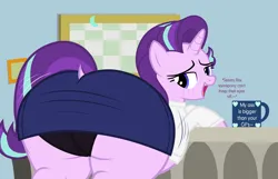 Size: 4658x3003 | Tagged: suggestive, alternate version, artist:duskyzombie, derpibooru import, starlight glimmer, pony, unicorn, absurd resolution, bedroom eyes, bottom heavy, butt, clothes, cute, dialogue, female, glimmer glutes, glimmerbetes, image, large butt, lidded eyes, looking back, mare, open mouth, plot, plump, png, presenting, simple background, skirt, smiling, solo, starlight's office, the ass was fat, thick, thighs, thunder thighs, underwear, vector, wide hips