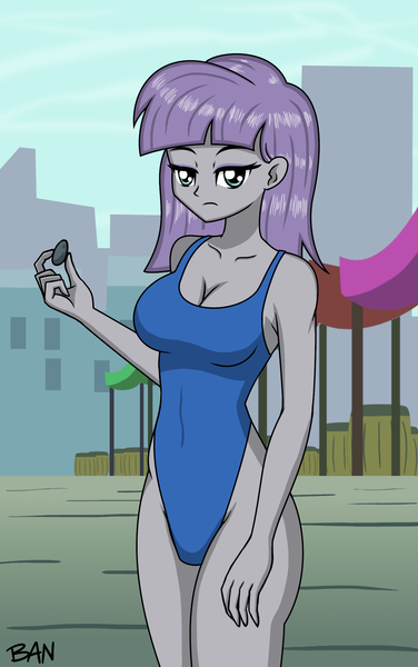 Size: 1353x2160 | Tagged: suggestive, alternate version, artist:banquo0, derpibooru import, maud pie, human, equestria girls, breasts, busty maud pie, cleavage, clothes, derpibooru exclusive, female, image, looking at you, one-piece swimsuit, png, rock, solo, swimsuit