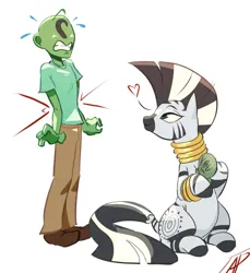 Size: 979x1070 | Tagged: safe, artist:applephil, derpibooru import, zecora, oc, oc:anon, human, pony, zebra, duo, duo male and female, female, floating heart, heart, image, jpeg, male, mare, simple background, sitting, sweat, voodoo doll, white background