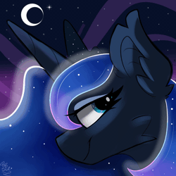 Size: 1000x1000 | Tagged: safe, artist:starcasteclipse, derpibooru import, night light, princess luna, alicorn, pony, animated, beautiful, blinking, crown, ethereal mane, eye contact, female, galaxy, galaxy mane, gif, horn, image, jewelry, looking at each other, looking at someone, looking at something, looking at you, mare, moon, night, night sky, one eye closed, pony ears, regalia, sky, stars, wink, winking at you