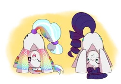 Size: 3261x2258 | Tagged: safe, derpibooru import, rarity, oc, earth pony, unicorn, butt, clothes, downward dog, duo, duo female, earth pony oc, exercise, face down ass up, female, image, leggings, looking at you, one eye closed, plot, png, shocked, shocked expression, simple background, smiling, transparent background, wink, yoga