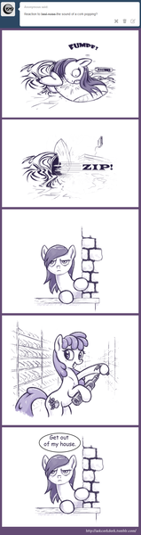 Size: 635x2400 | Tagged: safe, artist:choedan-kal, derpibooru import, berry punch, berryshine, oc, oc:cork dork, earth pony, pony, alcohol, askcorkdork, bed, bottle, bottle opener, cellar, comic, cork, female, image, mare, monochrome, png, pop, reaction, sleeping, stealing, waking up, wine, wine bottle, wine cellar, zip lines