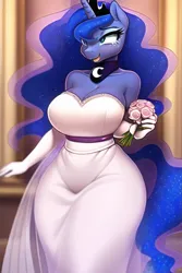 Size: 512x768 | Tagged: safe, derpibooru import, machine learning generated, novelai, stable diffusion, princess luna, anthro, bare shoulders, big breasts, breasts, bride, busty princess luna, cleavage, clothes, crying, dress, female, flower, happy, image, marriage, png, solo, solo female, strapless, tears of joy, wedding, wedding dress, wingless, wingless anthro