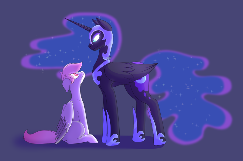 Size: 3000x2000 | Tagged: safe, derpibooru import, nightmare moon, oc, oc:cotton puff, alicorn, pegasus, pony, eye clipping through hair, image, looking at each other, looking at someone, looking down, looking up, png