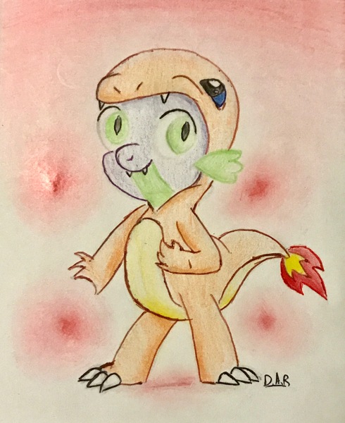 Size: 2929x3589 | Tagged: safe, artist:gracefulart693, derpibooru import, spike, charmander, dragon, abstract background, clothes, costume, image, jpeg, kigurumi, male, pokémon, signature, solo, traditional art