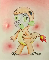 Size: 2929x3589 | Tagged: safe, artist:gracefulart693, derpibooru import, spike, charmander, dragon, abstract background, clothes, costume, image, jpeg, kigurumi, male, pokémon, signature, solo, traditional art