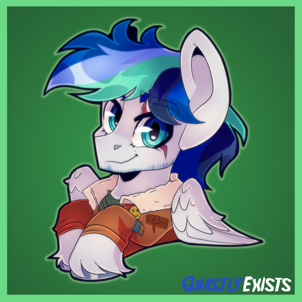 Size: 676x676 | Tagged: safe, artist:ghastlyexists, derpibooru import, oc, oc:orion snow, pegasus, bust, eye scar, facial scar, headshot commission, image, implied spitfire, pegasus oc, png, portrait, scar, simple background, wings, wonderbolt jacket