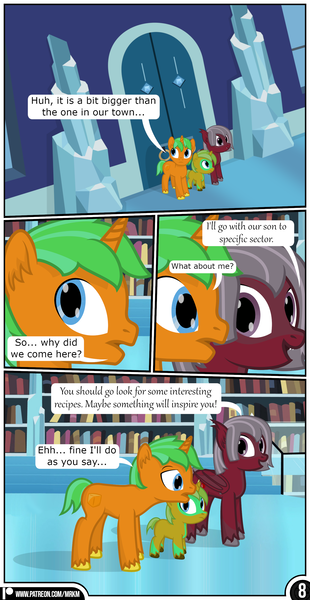 Size: 1519x2942 | Tagged: safe, artist:mrkm, derpibooru import, oc, oc:caramel star(mrkm), oc:cherry night, oc:hard sprocket, bat pony, pony, unicorn, comic:synthesis, bat pony oc, bat wings, book, bookshelf, colt, comic, crystal empire, dialogue, door, ear fluff, fangs, female, foal, horn, image, library, male, mare, png, smiling, speech bubble, stairs, stallion, trio, unicorn oc, unshorn fetlocks, wings