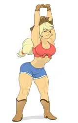 Size: 2049x3192 | Tagged: suggestive, artist:cyanrobo, derpibooru import, applejack, human, equestria girls, abs, applebucking thighs, applejacked, boots, breasts, busty applejack, clothes, eyes closed, female, front knot midriff, gloves, humanized, image, meme, midriff, muscles, muscular female, png, pose, shirt, shoes, shorts, solo, stretching, thighs, thunder thighs