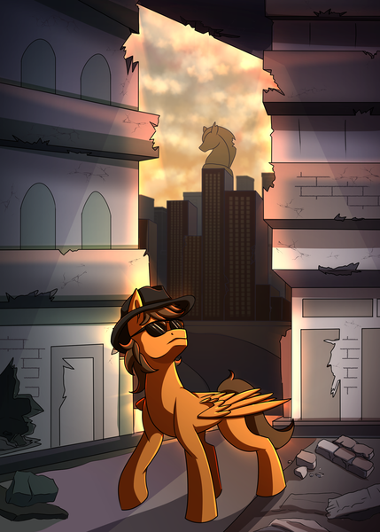 Size: 2000x2800 | Tagged: safe, artist:littletigressda, derpibooru import, oc, unofficial characters only, pegasus, pony, fallout equestria, city, cityscape, image, png, ruins, solo