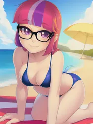 Size: 1020x1360 | Tagged: suggestive, derpibooru import, editor:sammykun, machine learning generated, novelai, stable diffusion, moondancer, human, beach, beach towel, beach umbrella, bikini, breasts, busty moondancer, clothes, cloud, cloudy, female, glasses, humanized, image, looking at you, ocean, png, sand, smiling, solo, solo female, sultry pose, swimsuit, towel, umbrella, water, wave