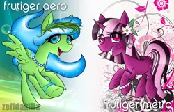 Size: 1860x1200 | Tagged: safe, artist:zeffdakilla, derpibooru import, oc, oc:frutiger aero, oc:frutiger metro, ponified, unofficial characters only, pegasus, pony, unicorn, bracelet, bubble, crown, duo, duo female, female, flower, frutiger aero, frutiger metro, grass crown, happy, image, jewelry, looking at you, necklace, png, raised hoof, raised leg, regalia, smiling, spread wings, water mane, wings