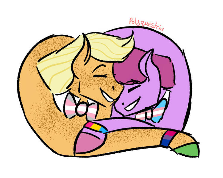 Size: 999x800 | Tagged: safe, artist:lieutenantcactus, derpibooru import, applejack, berry punch, berryshine, berryjack, bisexual, bisexual pride flag, demigirl, demigirl pride flag, female, image, jpeg, lesbian, male, pansexual, pansexual pride flag, pride, pride flag, shipping, straight, trans male, transgender, transgender pride flag