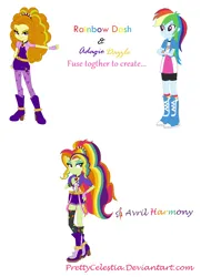 Size: 930x1284 | Tagged: safe, artist:prettycelestia, derpibooru import, adagio dazzle, rainbow dash, belt buckle, boots, clothes, eyeshadow, fusion, gem, gloves, headband, high heel boots, image, jewelry, long socks, makeup, multicolored hair, png, purple eyes, rainbow hair, ring, shoes, shorts, simple background, siren gem, white background