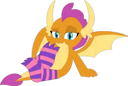 Size: 3555x2391 | Tagged: safe, artist:ponygamer2020, artist:porygon2z, derpibooru import, edit, smolder, dragon, clothes, dragoness, feet, female, high res, horn, image, looking at you, png, simple background, smiling, smiling at you, sock fetish, socks, solo, striped socks, stupid sexy smolder, teenaged dragon, transparent background, vector, wings