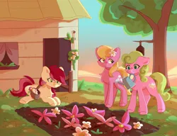 Size: 2446x1878 | Tagged: safe, artist:tater, derpibooru import, daisy, flower wishes, lily, lily valley, roseluck, earth pony, pony, female, flower, flower trio, garden, house, image, jpeg, mare, mouth hold, tree, trio, trio female, watering can