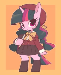 Size: 1682x2048 | Tagged: safe, artist:cheesesauce_45, derpibooru import, twilight sparkle, pony, semi-anthro, unicorn, alternate hairstyle, bow, clothes, cute, female, filly, filly twilight sparkle, image, jpeg, pigtails, school uniform, smiling, solo, twiabetes, twintails, younger