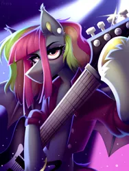 Size: 1620x2160 | Tagged: safe, artist:rtootb, derpibooru import, oc, bat pony, pony, equestria girls, guitar centered, angle, bat pony oc, bat wings, digital art, ear piercing, electric guitar, female, guitar, hooves, image, looking at you, mare, musical instrument, night, piercing, pink hair, pink mane, playing guitar, playing instrument, png, rock, scene, simple background, solo, standing, standing on two hooves, wings