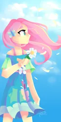 Size: 1000x2000 | Tagged: safe, artist:tater, derpibooru import, fluttershy, human, equestria girls, butterfly hairpin, female, flower, image, petals, png, sky background, solo, windswept hair