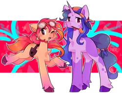 Size: 1280x978 | Tagged: safe, artist:tater, derpibooru import, izzy moonbow, sunny starscout, earth pony, pony, unicorn, abstract background, alternate design, bag, bandana, cheek fluff, duo, g5, goggles, goggles on head, image, mouth hold, one eye closed, paintbrush, png, saddle bag