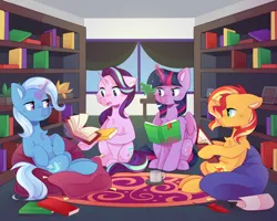 Size: 1280x1023 | Tagged: safe, artist:tater, derpibooru import, starlight glimmer, sunset shimmer, trixie, twilight sparkle, twilight sparkle (alicorn), alicorn, pony, unicorn, book, bookshelf, cushion, image, mug, png, sitting