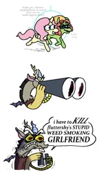 Size: 2400x4167 | Tagged: safe, artist:punkittdev, derpibooru import, discord, fluttershy, tree hugger, earth pony, pegasus, pony, make new friends but keep discord, angry, binoculars, comic, dialogue, female, flutterhugger, high res, image, jealous, lesbian, male, png, shipping, simple background, speech bubble, trio, white background