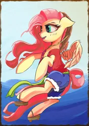 Size: 2480x3508 | Tagged: safe, artist:solid shrimp, derpibooru import, fluttershy, pegasus, pony, clothes, cosplay, costume, flying, hat, image, jpeg, monkey d. luffy, ocean, one piece, shorts, solo, vest, water, wings