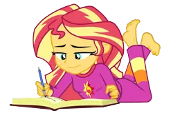 Size: 1038x694 | Tagged: safe, derpibooru import, edit, edited screencap, screencap, sunset shimmer, equestria girls, equestria girls series, forgotten friendship, background removed, barefoot, beautiful, book, cute, feet, female, image, png, simple background, solo, sunset's journal, the pose, transparent background