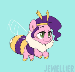 Size: 1200x1152 | Tagged: safe, alternate version, artist:jewellier, derpibooru import, pipp petals, bee, bee pony, hybrid, insect, original species, pony, adorapipp, animated, antennae, blue background, bumblebee, bumblebipp, chest fluff, cute, female, flying, g5, gif, image, insect wings, looking forward, mare, relaxed, simple background, solo, wings