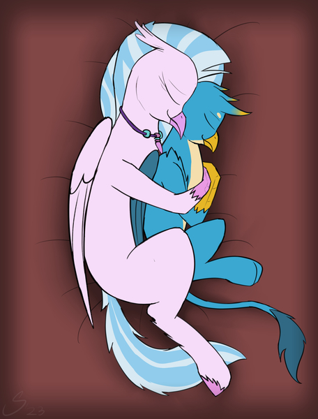 Size: 1397x1840 | Tagged: safe, artist:somber, derpibooru import, gallus, silverstream, gryphon, hippogriff, cuddling, cute, diastreamies, female, gallabetes, gallstream, image, jpeg, male, shipping, snuggling, straight