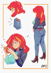 Size: 1400x2000 | Tagged: safe, artist:sozglitch, derpibooru import, sunset shimmer, human, equestria girls, boots, breasts, busty sunset shimmer, clothes, denim, heart, high heel boots, image, jeans, jpeg, pants, phone, rear view, shoes, smiling, solo, standing