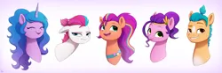 Size: 2830x944 | Tagged: safe, artist:luminousdazzle, derpibooru import, hitch trailblazer, izzy moonbow, pipp petals, sunny starscout, zipp storm, earth pony, pegasus, pony, unicorn, my little pony: make your mark, :p, alternate hairstyle, annoyed, blaze (coat marking), bust, coat markings, cute, diadem, eyes closed, facial markings, female, fluttershy's cutie mark, frown, g5, grin, happy, headband, image, jewelry, male, mane five (g5), mare, one of these things is not like the others, open mouth, pale belly, png, ponytail, portrait, rainbow dash's cutie mark, regalia, simple background, smiling, stallion, tiara, tongue out, twilight sparkle's cutie mark, unamused, white background, zipp storm is not amused