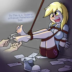 Size: 1653x1653 | Tagged: suggestive, artist:raspberry-jose, derpibooru import, derpy hooves, human, arm behind back, barefoot, blushing, bondage, breasts, clothes, converse, crying, disembodied hand, erotic tickling, feather, feet, female, femsub, fetish, foot fetish, hand, humanized, image, laughing, letter, mail, open mouth, png, rope, rope bondage, shibari, shirt, shoes, shorts, socks, soles, solo focus, submissive, sweat, tears of laughter, tickle fetish, tickle torture, tickling